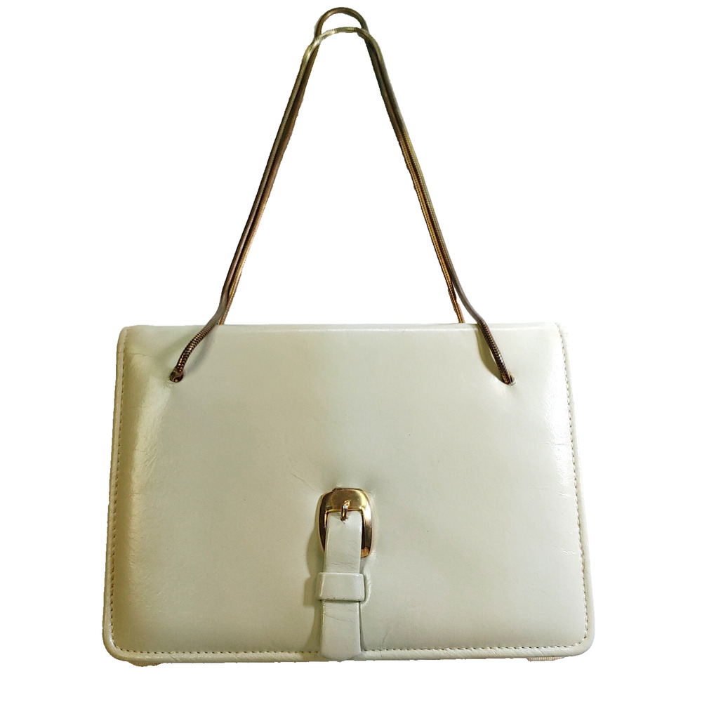 Vintage Cream Ivory Purse Leather Hand Bag Gold Clasp Flap Closure